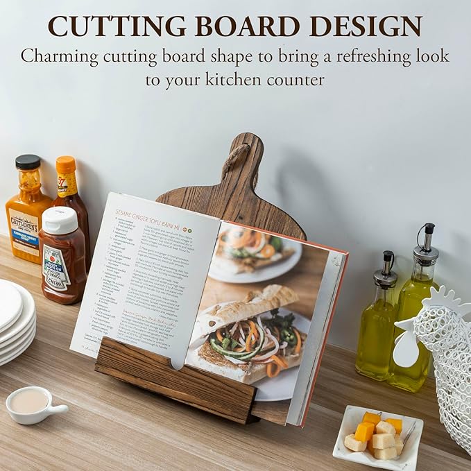 MyGift Cookbook Stand Recipe Book Holder with Brown Wood Cutting Board Design, Cookbook Holder for Countertop Display