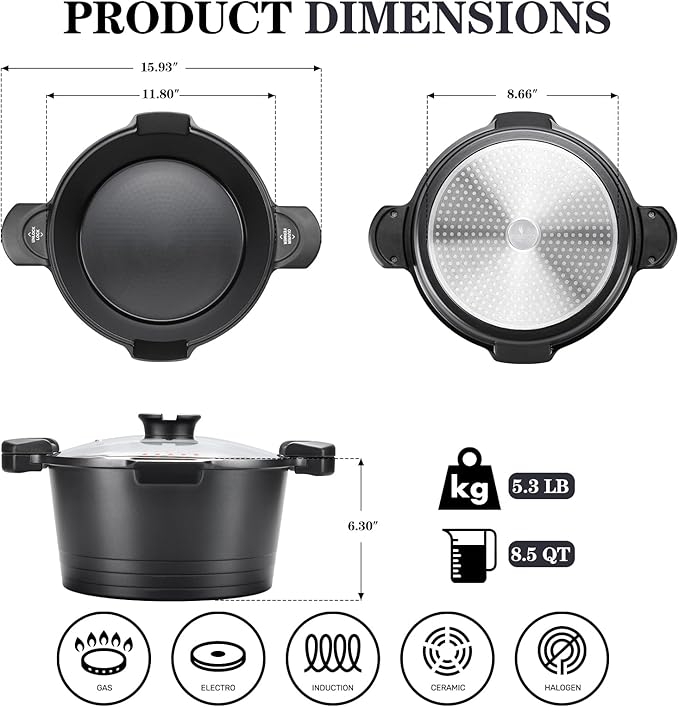 8.5qt Pasta Pot with Strainer Lid, Cast Aluminum Stockpot Multipot, Nonstick Ceramic Coating make Cleanup easy with Tempered Glass Lid, Dishwasher Safe, Induction, Black (Black, 8.5 Quarts)