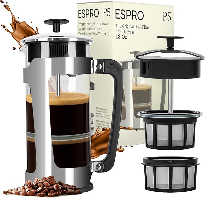 ESPRO P5 French Press Coffee Maker – Patented Double Micro-Filter for Grit Free Brew, Heat-Resistant Thicker Borosilicate Glass Coffee Press – 18 oz