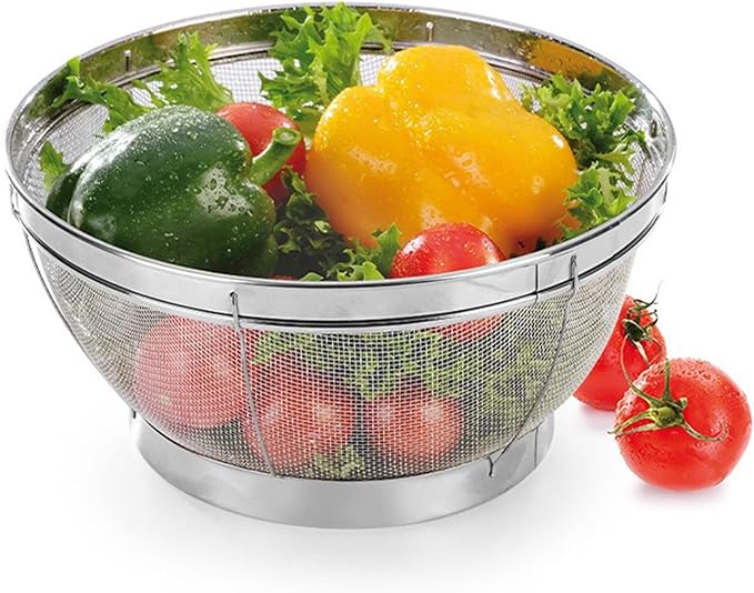 Fine Mesh Strainer for Kitchen, 4 Quart Stainless Steel Colander Bowl for Pasta, Rice, Fruit, Metal Net Baskets with Resting Base - Strain, Drain, Rinse