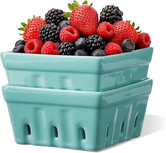 ONEMORE Berry Basket Ceramic Berry Bowls with Holes Square Fruit Bowl Berry Colander Containers for Fridge - 5.8" Fruit Basket for Kitchen Décor, Set of 2, Mint Green