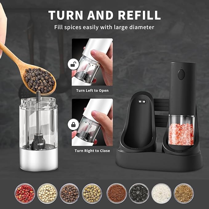 Electric Salt and Pepper Grinder Set with Base Rechargeable with LED lights, Automatic Salt and Pepper Mill Set Refillable with 5 Adjustable Coarseness Black & White