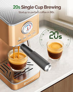 Maestri House 20 Bar ULKA Pump Espresso Machine, Compact Espresso Maker Built-in Flow Meter Steam Milk Frother, Stainless Steel Coffee Machine for Cappuccino, Latte, Rose Golden