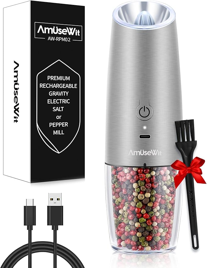 AmuseWit Gravity Electric Pepper Mill or Salt Grinder Mill [White Light] USB Rechargeable Automatic Pepper Grinder, Adjustable Coarseness, One-Handed Operation, Stainless Steel