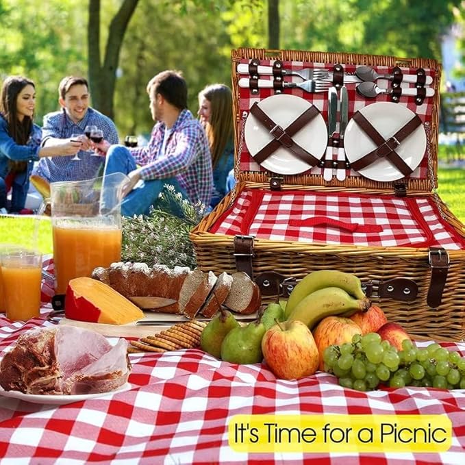 Nature Gear Picnic Basket, Wicker Basket with Handle for Outdoors, Insulated Woven Basket, Includes a Service Kit of Dinnerware & Wine Glasses, Picnic Basket Set for 4 with Blanket, Red & White