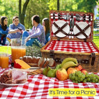Nature Gear Picnic Basket, Wicker Basket with Handle for Outdoors, Insulated Woven Basket, Includes a Service Kit of Dinnerware & Wine Glasses, Picnic Basket Set for 4 with Blanket, Red & White