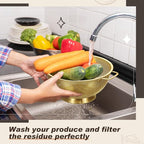 Norme 4 Quart Stainless Steel Gold Colander and 3 Pcs Gold Fine Mesh Strainer, Stainless Steel Pasta Rice Food Metal Strainer with Handles, Easy Clean and Dishwasher Safe