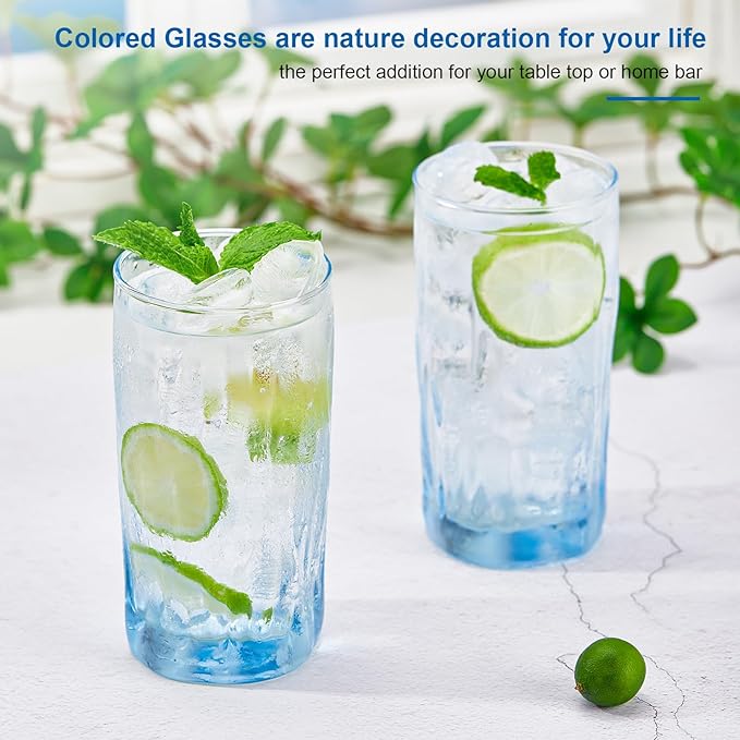 REATIVELAND Solid Color Drinking Glasses Set of 6, 13.5 OZ Wind-blown Ripples Glass Tumbler Glassware for Water, Juice, Different Options for Home, Restaurant, Hotel, Bar, Blue