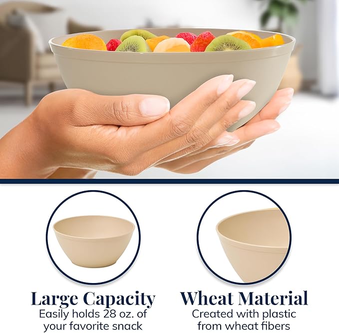 US Acrylic Wheat Straw Unbreakable 28 oz. Stackable Cereal Bowls for Snacks & Ice Cream in Beige Colors (Set of 8) 6-inch Reusable, BPA-Free, Dishwasher Safe Dinnerware, Made in USA