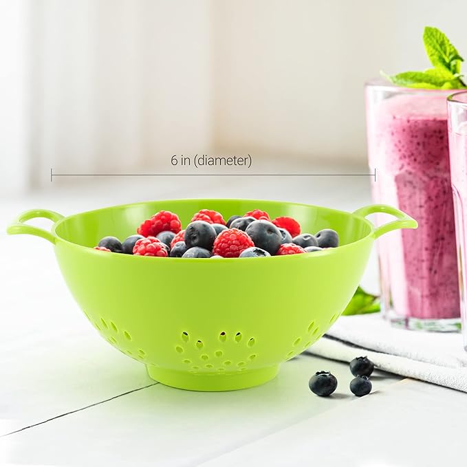 Meadow Lane 6-inch Small Colander, BPA-Free, Dishwasher Safe, Double Handles, Compact Food Strainer for Berries, Veggies and Pasta, 3-Cup Capacity, Meadow Green