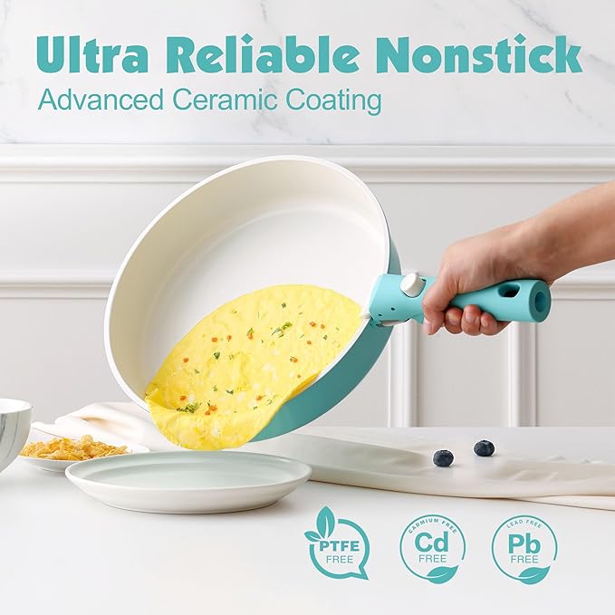 SENSARTE 24 Piece Ceramic Pots and Pans Set, Nonstick Detachable Handle Cookware, Induction Cookware Set with Removable Handle, Healthy Non Stick for RV, Dishwasher＆Oven Safe, PFOA Free (Turquoise)
