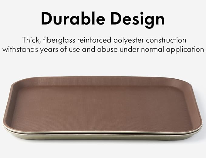 CURTA 2-Pack Restaurant Grade Non-Slip Tray, NSF, 18 Inch x 14 Inch, Plastic Rubber Lined Rectangular Serving Tray, Brown