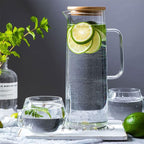 hjn Glass Pitcher with Lid Glass Water Carafe with Handle, Fridge Water Jug Cold or Hot Beverages, Iced Tea, Milk, Juice 1500ml/51oz & bamboo lid