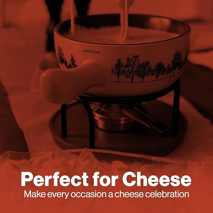 Swissmar Jura Ceramic Cheese & Chocolate Fondue Set, 2.65L / 2.8QT – 9-Piece Fondue Maker with Ceramic Pot, Forks, Burner & Beechwood Base – Perfect for Family Gatherings & Entertaining