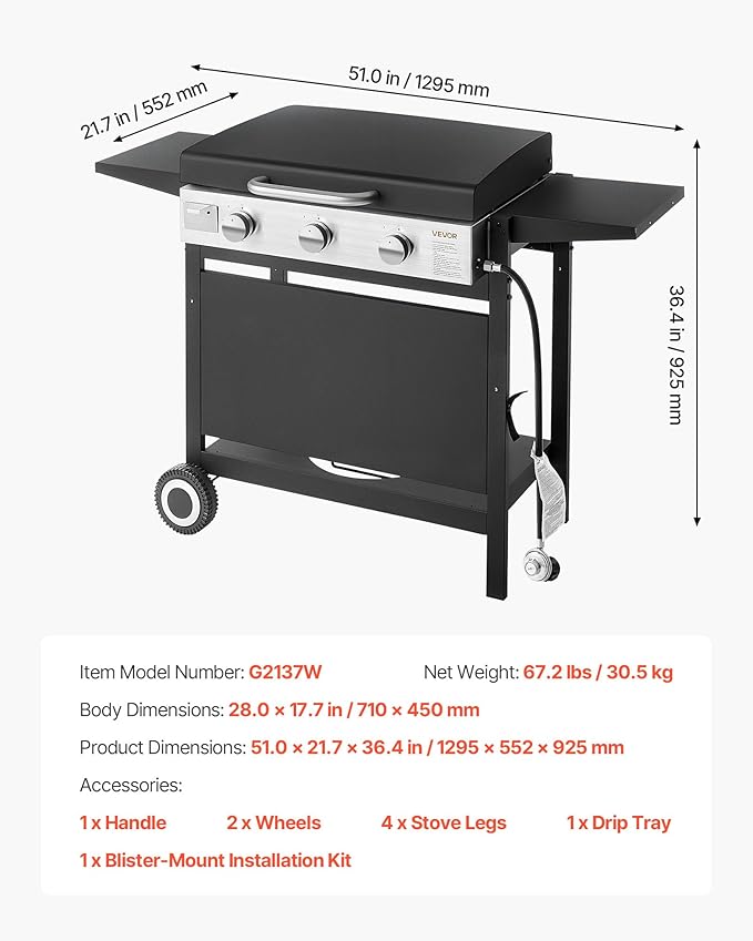 VEVOR Gas Griddle, 3-Burner Flat Top Grill, Propane Griddle with Wheels, Lid, 33000 BTU Outdoor Flat Top Grills for Pan-Frying, Grilling, Stir-Frying, & BBQ, Pulse Ignition, Removable Top Design