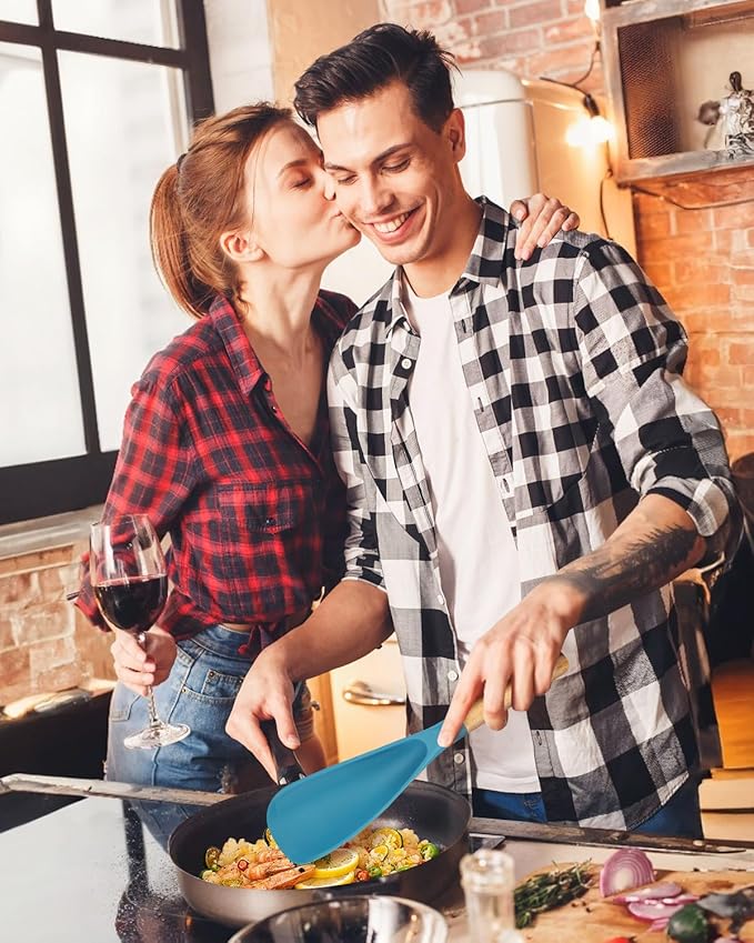 Cooking Spoon for Nonstick Cookwares, Great for Cooking and Serving Sturdy BPA-Free Matte Silicone, Wood Handle Spoon for Mixing, Scoop, and Scrape (TURQ)