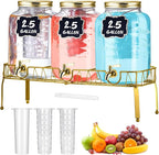 Lallisa 3 Pcs 2.5 Gallon Beverage Dispensers for Parties Glass Drink Water Dispenser with Stand Stainless Steel Leakproof Spigot Ice Cylinder Hanging Chalkboard Signs Pen(Gold)