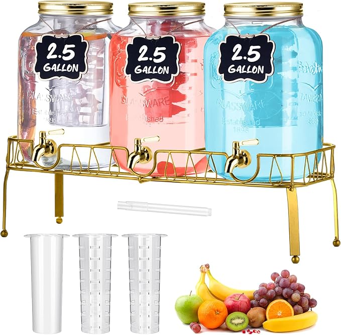 Lallisa 3 Pcs 2.5 Gallon Beverage Dispensers for Parties Glass Drink Water Dispenser with Stand Stainless Steel Leakproof Spigot Ice Cylinder Hanging Chalkboard Signs Pen(Gold)