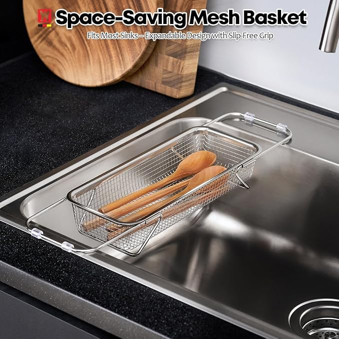 Extendable Dish Rack with Feet, Vegetable Colander Basket, Stainless Steel Dish or Silverware Drying Rack, Ultimate Kitchen Organizer over the Sink (12.40 x 5.12 x 2.36 Inches)