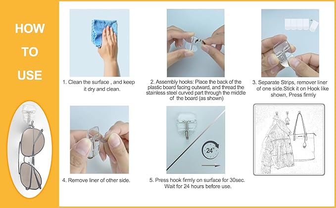 25 Small Hooks +30 Removable Strips, Clear Wire Hanger Hooks, Damage-Free Utility Hooks, Heavy Duty with Adhesive Strips, No Tools Wall Hook for Hanging, Value Pack