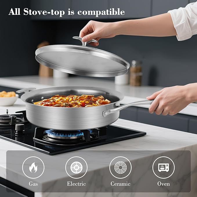 12 Inch Frying Pan with Lid, Tri-ply Stainless Steel Saute Pan, Non Stick Pans, Non Toxic Frying Pan, 5.2 QT Deep Skillet PTFE&PFOA Free, Induction, Oven & Dishwasher Safe