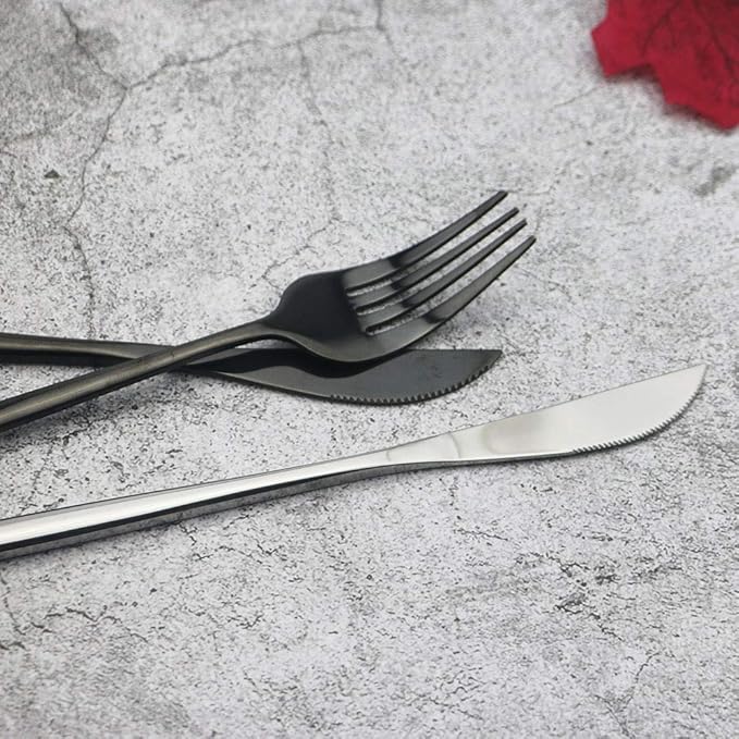 JASHII Black Flatware Serving Set 24 Piece, Stainless Steel Silverware Set, Titanium Black Cutlery, Modern Elegant Tableware for Party, Christmas, Dinner