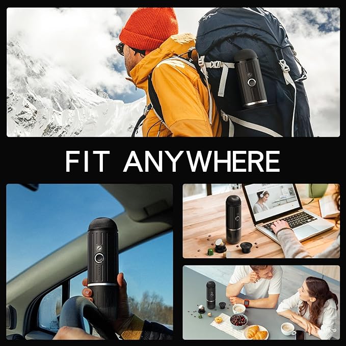 Portable Electric Espresso Machine, Travel Coffee Maker for Camping, Car Coffee Maker Self-Heating with USB-C, With Ground Coffee & NS Capsule for RV, Hiking, Office(Black)