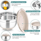 TeamFar Mixing Bowls, 5PCS Stainless Steel Nesting Salad Bowl with Lid & 3 Grater Attachments, for Prepping/Serving/Storing Food, Nontoxic, Airtight Lid & Non-slip Bottom - 4.6/3.5/2.5/1.5/1 QT