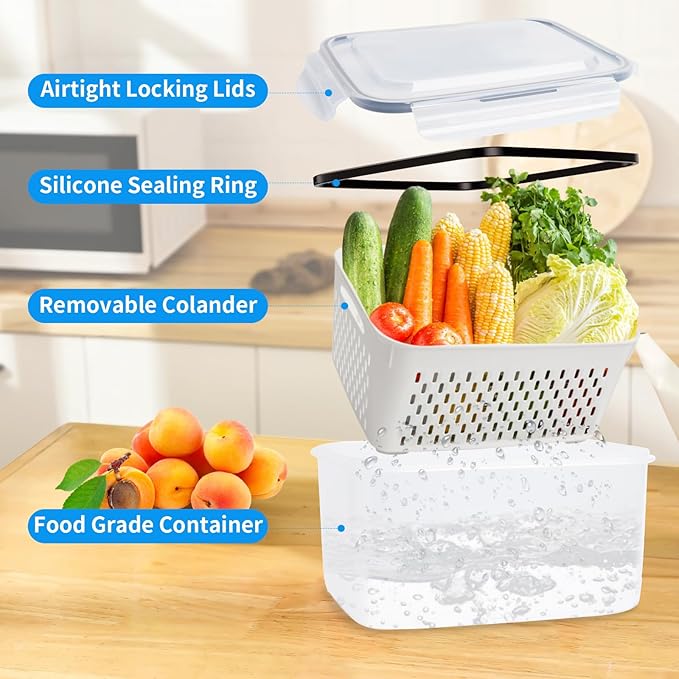 4 Pack Fruit Storage Containers for Fridge with Removable Colanders, Produce Storage Containers for Fridge, Airtight Food Storage Containers for Berry Fruit Vegetable Meat Keeper Fresh (no handle)
