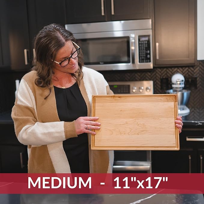 Made in USA Medium Solid Maple Wood Cutting Board by Virginia Boys Kitchens - Butcher Block Wooden Carving Board with Juice Groove made from Sustainable North American Hardwood (17x11)