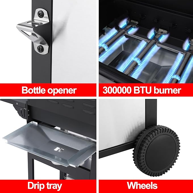 3 Burner Propane Gas Grill, Stainless Steel Cabinet with Side Table & Knob Controls, BBQ Grills Cast Iron Grates and Thermometer for Outdoor Cooking, Patio, BBQ