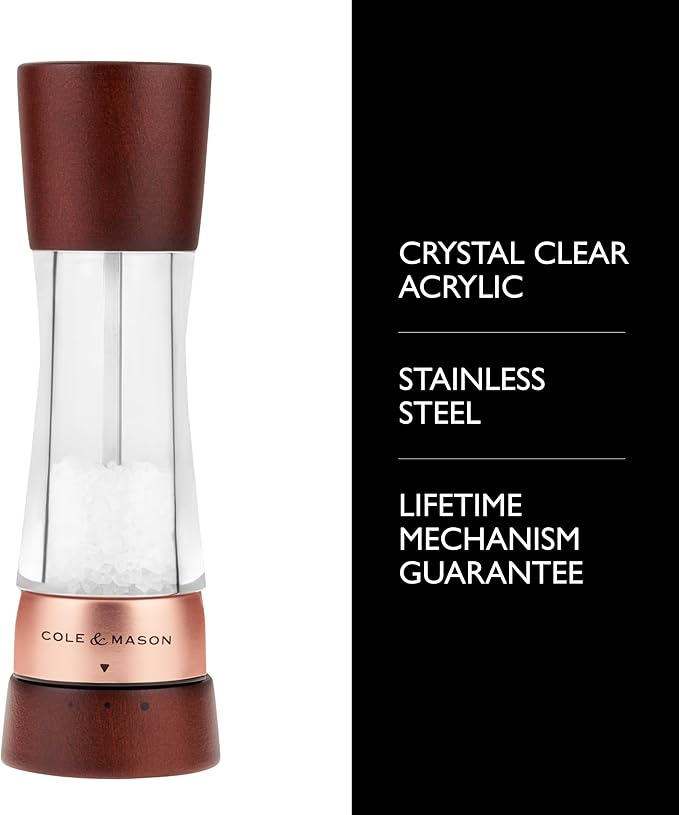 Cole & Mason Derwent Salt Mill - Gourmet Precision Salt Grinder - Refillable Seasoning and Spice Tools - Adjustable Seat, Himalayan and Kosher Salt Grinder Settings - Rose Gold