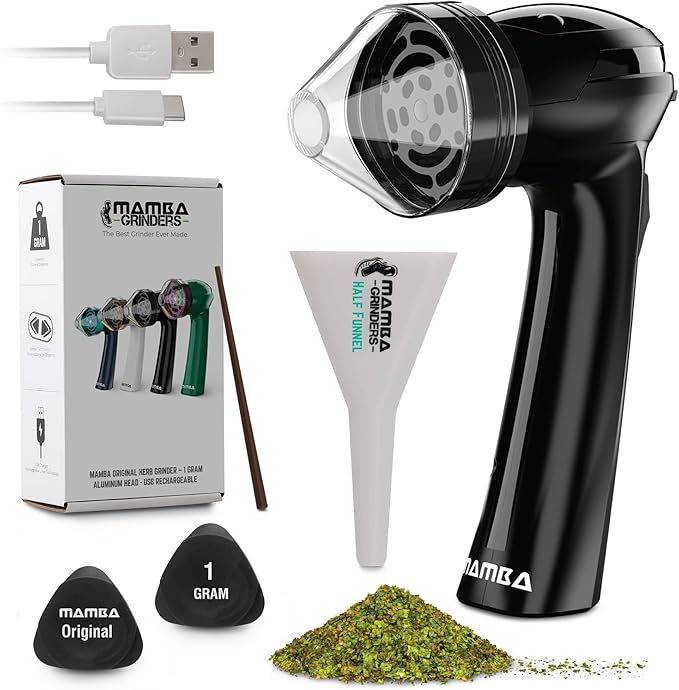 Mamba Original 1g Black USB Electric Herb Grinder with Color Box. Small Portable Metal Herbal Machine & Spice Mill for the Kitchen