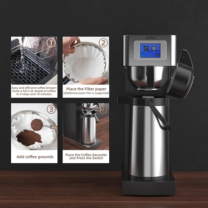 crosson Auto Filling Commercial Coffee Brewer, Plumbed Direct Waterline Drip Coffee Maker with 24 Hours Hot 2.2L Airpot Coffee Carafe Dispenser with Pump