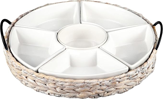 Ceramic Serving Trays, RANDEFURN Serving Platters with 6 Removable Dishes, Serving Tray for Parties, Food Tray 15.5 x 15.5 Inches, Perfect for or Chips,Whitewash