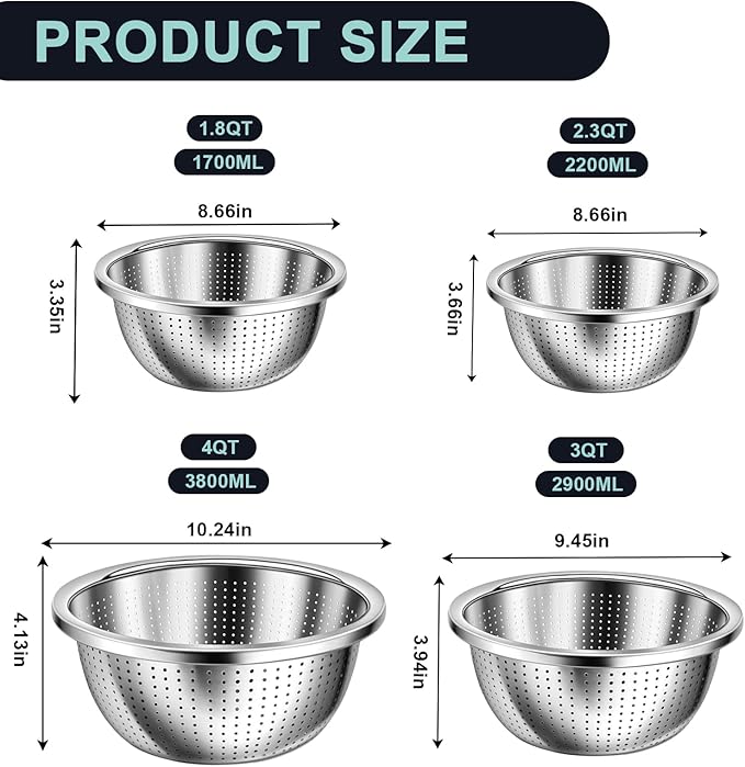 4+3 Stainless Steel Colander Set, 4 Sizes (1.8 qt, 2.3 qt, 3 qt, 4 qt) with 1 Mesh Strainer + 2 10-inch Stainless Steel Round Plates, for Washing Rice, Fruits, Vegetables, Draining Pasta, Meat