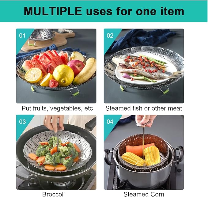 Steamer Basket Stainless Steel Veggie Steamer Basket for Cooking Folding Food Steamer Insert Steaming Basket Adjustable Expandable to fit Various Size Pot (5.1" to 9")