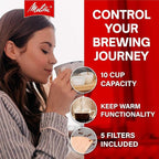 Melitta® Aroma Fresh™ Plus 10-Cup Automatic Drip, Programmable Coffee Maker with built in Burr Coffee Grinder, 5-Pack Coffee Filters included