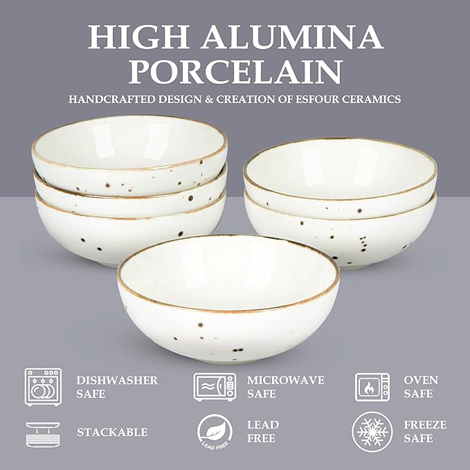 Esfour Round Porcelain Bowls - 18 Ounce - Set of 6 - Microwave, Oven, Dishwasher-Safe, Scratch Resistant, Porcelain Durable Small Dishes Bowls for Cereal, Salad, Pasta, Soup Dessert - Assorted Classic