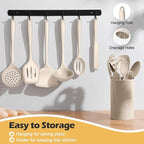 15-Piece Kitchen Cooking Utensils Set with Holder, Homikit Heat Resistant Food Grade Silicone Kitchen Utensils include Slotted Spatula Ladle Turner for Nonstick Cookware, Dishwasher Safe- Khaki