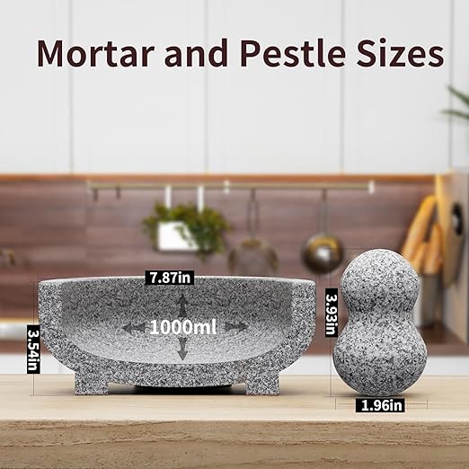 Large Mortar and Pestle - 4 Cup Unpolished Granite Bowl Molcajete Mexican Mortar Handmade Stone Grinder for Guacamole Pastes Pestos in Family Day, Mortar and Pestle, Gray, 8 Inches