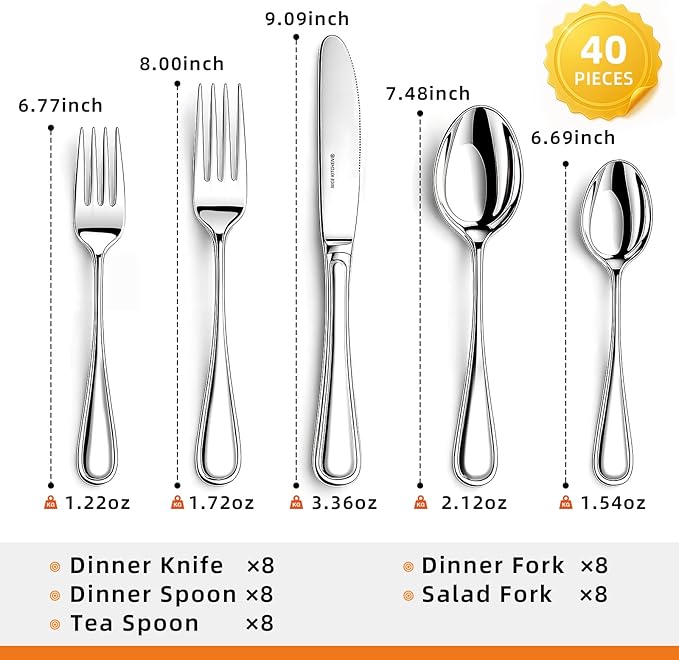 Silverware set for 8,40 Pieces Premium Stainless Steel Silverware set,Mirror Polished Cutlery Set,Heavy Duty Flatware Set for 8,Dishwasher Safe,Luster Series