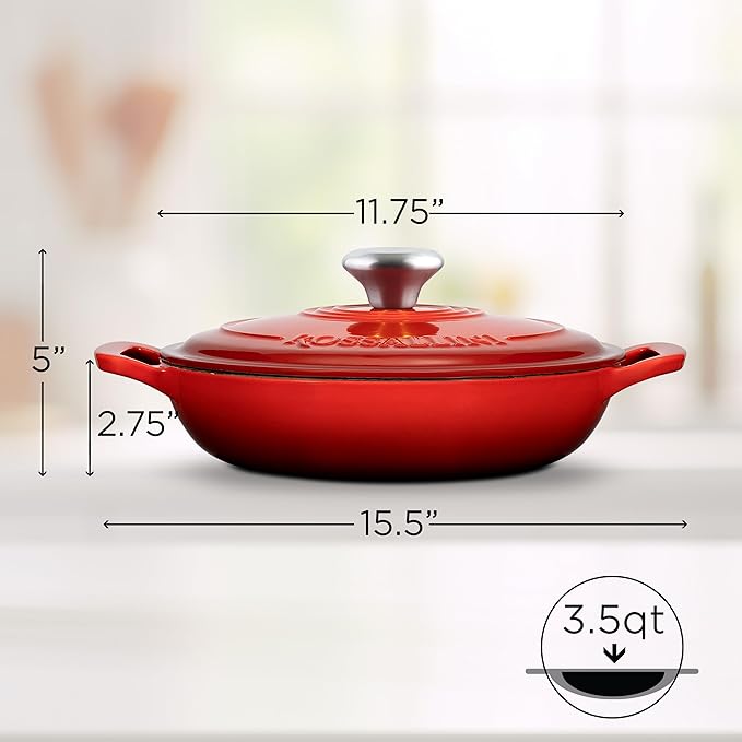 Signature Enameled Cast Iron Braiser, Non-Stick Serving Pot with Tight Fitting Lid for Perfect Roasting, Baking, Sauteing, Searing, and Pan Frying | 3.5Q (3.3L) - Red