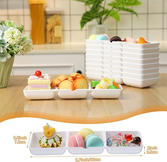 12 Pcs Small White Plastic Appetizer Serving Tray 3 Compartment Serving Dishes Reusable Stackable Sectional Platter Rectangular Divided Split Dish for Restaurant Kitchen Food Candy