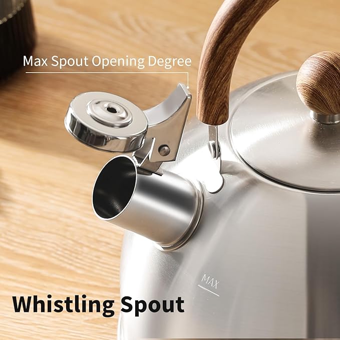 18/8 Stainless Steel Tea Kettle for Stovetop (2L / 2.1 Quart Whistling Tea Pot, Wood Handle)-Silver