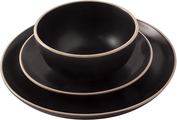 Gibson Home Rockaway 12-Piece Stoneware Dinnerware Set, Service for 4 – Modern Round Plates and Bowls, Dishwasher & Microwave Safe, Black