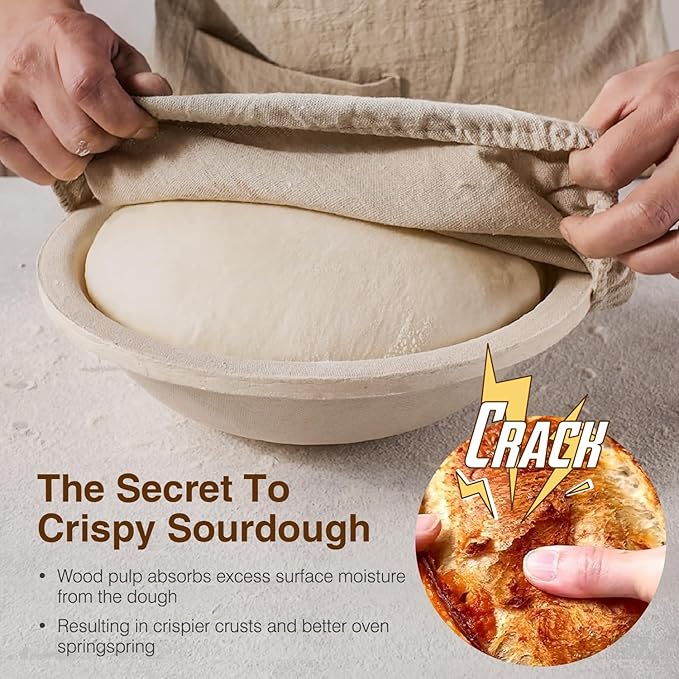 Wood Pulp Banneton Bread Proofing Basket Set, 9" 2.2LB Round Sourdough Banneton Basket Kit, Sourdough Bread Making Tool Baking Supplies with Proofing Bowl, Cover, Dough Whisk, Lame, Scraper