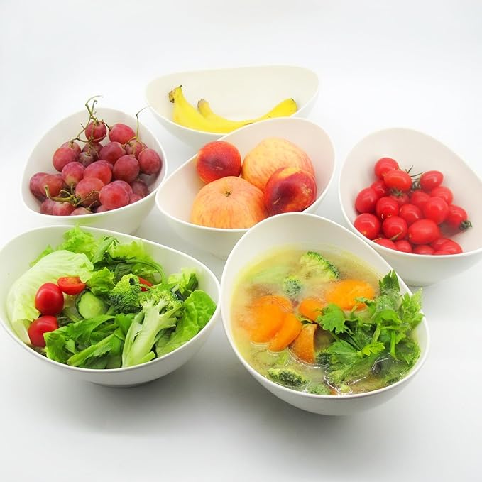 JOYMAY Oval Salad Bowls Set, 34oz Serving Bowls for Kitchen 8.8" Large Bowls for Soup, Oatmeal, Pasta, Snacks, Deep Soup Bowls Set for Salad, Fruit, Vegetable, Ramen, 6PC (White)