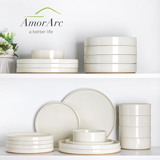 AmorArc Ceramic Dinnerware Set for 4 | Speckled Stoneware Plates and Bowls with unglazed terracotta | Scratch Resistant, Dishwasher & Microwave Safe Dishes Sets- 12-Pcs Beige