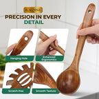Wooden Spoons for Cooking, 2Pcs Wooden Kitchen Utensils, Wooden Pasta Fork and Ladle for Spaghetti, Nostick Teak Wood Utensil Set for Cooking (Ladle & Spaghetti Server)